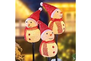 Coopers of Stortford - Set of 3 Light-Up Snowman Garden Stakes - Warm White LED Christmas Outdoor Decorations with IP-Rated Battery Box