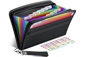 ThinkTex Receipt Coupon Organiser, 12 Pockets Small Accordion‌ File Organiser, Junior Size 11x 6 Inches, Zipper Closure, Multi-Color Labels - Black