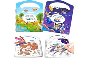 hapray 2 Pack Paint with Water Coloring Books for Children Ages 3+, Travel Activity for Toddlers & Kids, with 12 Marker & 2 Magic Pens, with 56 Pages, 12 Mess-Free Reusable Drawing Pages