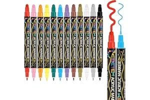 Betem 12 Colori Pennarelli Acrilici Doppia Punta, Pennarelli per Tessuti, Sassi, Dipingere, Legno, Roccia, Pietra, Vetro, Ceramica, Acrylic Marker per Tela
