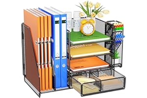 OrderlyGo Desk Organiser File Holder, 5-Tier Paper Letter Tray Organiser with Drawer, 4 Pen Holder, Mesh Desktop Storage with Magazine Holder for Office Supplies (Black)