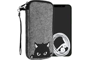 kwmobile Handytasche für Smartphones XL - 6,7/6,8" - Handy Filztasche - Neugierige Katze Grau Schwarz - 17,2 x 8,4 cm Innenmaße
