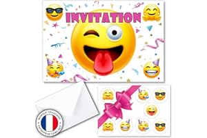 Kit créatif de 10 cartes d'invitation en français pour anniversaire sur thème smileys pour 10 invités (10 cartons d invitation + 10 enveloppes + 1 planche de 10 stickers). Idéal enfants de 4 à 10 ans
