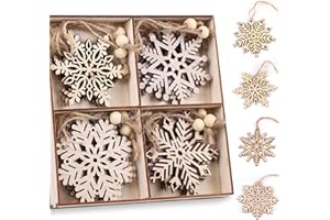 SWAWIS 20 Stück Schneeflocken Weihnachtsschmuck Holz 7x7cm Christbaumschmuck 4 Designs (5 STK) mit Jute Schnur Holzschmuck Weihnachtsbaum Schmuck Weihnachtsbaumschmuck Anhänger