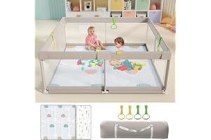 Uanlauo Box per Bambini con tappeto gattonamento, 150x150x68cm XXL Recinto per Bambini con 4 Pezzi Anelli,area di attività sicura al coperto per bambini con cancello a cerniera