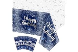 QUERICKY 4 pezzi tovaglie blu navy e argento Buon Compleanno, 130 x 220cm plastica rettangolo copertura tavolo per uomini donne ragazzi ragazze compleanno decorazioni partito forniture