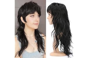 BESTUNG BESUTNG 80s 90s Mullet Wigs Pixie Cut Wigs with Bangs for Black Women, Wolf Wig Wavy Long Black Synthetic Split Wigs with Fringe Mullet Wig for Women Long Cosplay wig(Blakc Wig)