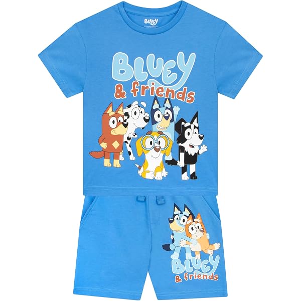 Pyjama Garçon BlueY Lot De 2 - Manches Courtes Avec Bluey Et Bingo - 100% Polyester Doux - Taille 2-10 Ans