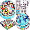 International World Flags Party Decorations, 120Pcs International Flags Themed Party Supplies Tableware Includes Paper Plates, Napkins, Cups and Straws for Travel Trip Around the Globe, Serves 24