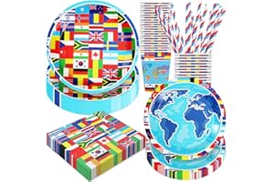 BOIKOKY International World Flags Party Decorations, Pack of 120 International Flags Themed Party Tableware Including Paper Plates, Napkins, Cups and Straws for Travel Around the Globe, for 24