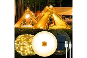 Almaxi Stowable String Lights 39FT/12M 120LED, Solar Camping Lights Reel, USB Rechargeable, Waterproof Retractable Camping Light for Outdoor, Indoor, Home, RV, Garden, Patio, Warm White