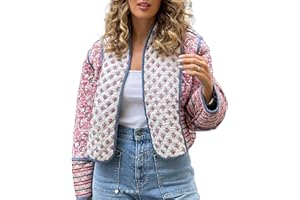 Nokiwiqis Women's Cropped Puffer Jacket Floral Print Open Front Quilted Coat Cardigan Lightweight Long Sleeve Padded Jacket Outerwear
