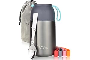 Milu Termo para Comida 300ml, 440ml, 450ml, 650ml, 800ml Taza Aislada, Botella de Acero Inoxidable Aislada para Alimentos, Beber y sopa de los niños de adultos A prueba de fugas Térmico (650ml/Gris)