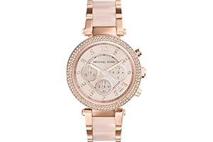 Michael Kors - Reloj Parker cronógrafo de Cuarzo con Correa de Acero Inoxidable en Tono Oro Rosa con eslabones centrales de Acetato ruborizado para Mujer MK5896