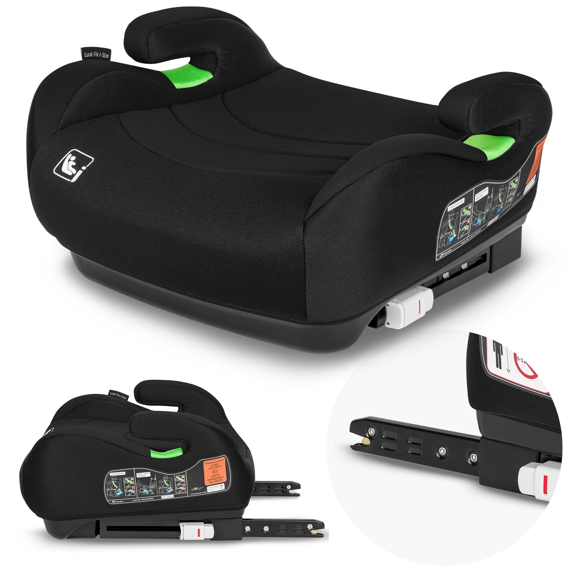 LIONELO Rialzo Auto per bambini LUUK FIX I-Size, Facile Installazione ISOFIX o/e cintura, 125-150 cm 22-36kg Leggero, Comodo, Indicatori, Schiuma Adattiva, Traspirante Lavabile, Car Booster, Braccioli - 1