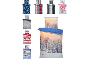 one-home Winter Bettwäsche Thermo Fleece Kuschelig Warme Bettbezüge Flauschig Warm Weich, Größe:4 teilig 135x200 cm, Farbe:Winter Land Blau