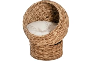 PawHut Wicker Cat House, Raised Cat Bed with Cylindrical Base, Soft Washable Cushion, Woven Water Hyacinth Cat Basket for Indoor and Outdoor, 40 x 37 x 51 cm - Brown