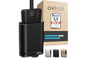 ‎OVIMAR ovimar Toilettenbürste Abeloya | schwarz | Silikon Klobürste | WC Bürste mit Belüftung | Edelstahl | abnehmbare Tropfschale | nur 6cm breit | optionale Wandbefestigung im Badezimmer