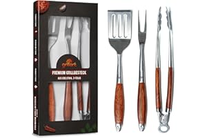 grillart Juego de cubiertos premium para barbacoa, 3 piezas de acero inoxidable de alta calidad y mangos de madera nobles, pinzas, espátula para barbacoa y tenedor con mango extralargo, el accesorio