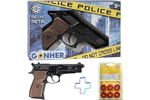 UTOPIA GOODS Lote Pistola Policia de Juguete Gonher Negra y 96 fulminantes - Armas niños fogueo con fulminantes 8 tiros (petardos) - Tamaño Real - Revolver sin Bolas ni balines (Negro)