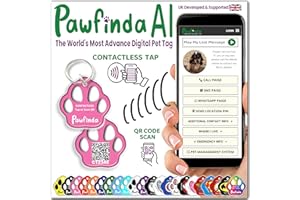 PAWFINDA AI – Next Generation AI Digital Pet Tag. Personalised Cat Dog Pet Engraved ID Tag with CONTACTLESS NFC, QR Code Technology and PawVoice AI. Developed & Fully Supported in The UK (Pink Paw)