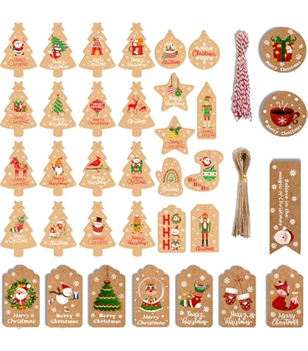 50 Étiquettes Cadeaux "Joyeux Noël" Avec Ficelle - Marron, 5x5cm - Décoration Emballage