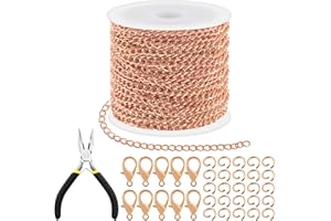 Tanstic 102Pcs 30 Feet Jewelry Making Chains Necklace Chains Bulk Cable Link Chain with 50Pcs Jump Rings, 50Pcs Lobster Clasps, Pliers for Bracelet Necklace Making(Rose Gold)