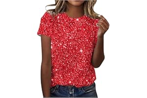 MRAT Sparkling Print Tops for Women Clearance Summer Tee Shirts Short Sleeve Blouses Casual Going Out Top Shiny T Shirt Trendy Round Neck Blouses Solid Color Shirt Ladies Loose Fit Tunic Tops
