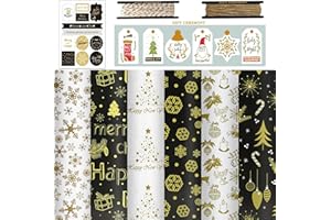 FullJoyHut Papel de Regalo Kraft Navidad con 6 Hojas Reciclable Papel de Regalo Navideño 70x50cm,6 Etiquetas Regalo,12 pegatinas,2 Rollo Hilo Yute Cuerda Algodon Envolver para Decoración Navideña