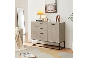 [en.casa] Comò con Anta e 3 Cassetti Armadio Basso Mobile Contenitore per Soggiorno Ingresso con Telaio in Metallo 75 x 100 x 35 cm Nero/Effetto Cemento Chiaro