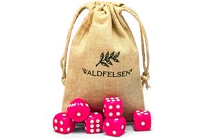 Waldfelsen Lot de 6, 12, 20, 30 ou 50 dés de haute qualité de taille standard de 16 mm en acrylique - Dés de jeu Dice à 6 côtés - Accessoires de jeu avec sac en tissu (rose, 6 pièces)