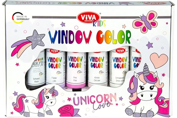 Viva Decor Window Color Set Unicorn Love (6 couleurs de 90 ml) - Coffret cadeau Window Color pour enfants avec 6 couleurs de fenêtre dans un emballage cadeau avec 15 motifs - Fabriqué en Allemagne