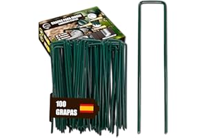 GREEN GOF GREENGOF Grapas Verdes para Cesped Artificial, Malla Antihierba y Jardin, 100Unds - Acero Galvanizado, 15x4cm, Ø3mm - Ultra Resistentes y Anticorrosivas - Piquetas de Jardín, Anclaje al Suelo.