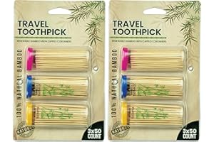 DecorRack 6 Travel Toothpick Dispensers with 300 Bamboo Toothpicks, Eco-Friendly Wooden Toothpick Holders, Portable Mini Toothpick Case, Travel Ready, On The Go, Clear Mini Holders (Pack of 6)