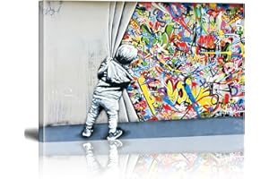 XINMEI ART Banksy Graffiti Street Art Impression sur Toile Banksy Child Graffiti Tableau Pop Art Chambre Enfant Decoratifs Muraux Salon Moderne Decoration Murale (Avec cadre, 75x100cm)