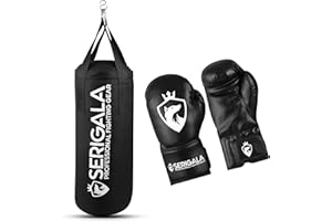 Serigala Boxsack Set für Kinder und Jugendliche - Inklusive 8oz Boxhandschuhe und stabilem Haken zur Aufhängung - 7 kg Canvas Punching Bag für Boxtraining - 62 x 23 cm Boxing Bag Schwarz