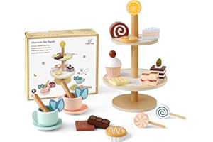 Little Log Jouet en Bois Présentoir à Gâteaux Dessert Bois Ensemble Thé l'Après-Midi pour Tout-Petits Faire semblant Jouer Jouet Nourriture Enfants Jouer Cuisine Accessoires Cadeau pour Filles Garçons