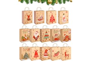 TIDEVAN 14 Piezas Bolsas de Papel Navideñas con Asas Kraft Bolsas de Regalo Navidad, Navidad Bolsas Papel Kraft con Estampados Navideños para Envolver Regalos Navideños Artículos Fiestas, 27*21*11cm