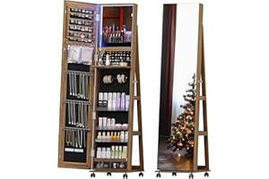 Gurexl 360° Swivel Jewelry Cabinet Standing Mirror with LED, Full Length Mirror with Jewelry Storage, Lockable Floor Standing Mirror with 4 Lockable Wheels for Cloakroom, Bedroom(Brown)