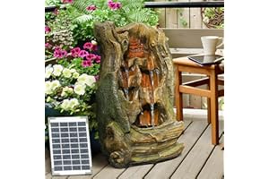 Bumilgar 62CM Tree Stump Solar Water Features with Pump and LED Light – Outdoor Wood-Style Waterfall for Patio, Deck, Porch, Backyard Décor, Brown & Green