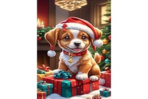 ASKKQTX Christmas Diamond Art Kits for Adults, Dog Christmas Hat Diamond Painting Kits DIY 5D Round Full Drill Gem Art Kits for Beginner,Diamond Dots Painting Kit for Home Wall Decor Christmas Gifts 12x16Inch