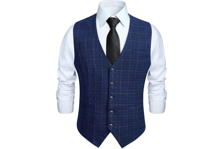 HISDERN Men's Formal Waistcoat Wedding Party Cotton Plaid Suit Vest