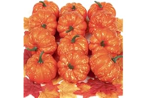 VGOODALL 42PCS Artificial Pumpkins Sets, 12PCS Mini Fake Pumpkins with 30PCS Lifelike Maple Leaves Faux Pumpkins for Decorating Fall Harvest Garland Halloween DIY for Crafts Thanksgiving Decorations