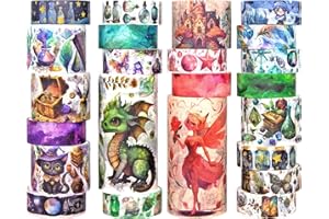 BUTITTCRAFT Washi Tape Set 23 Rollen, Magic & Fairy Themed Scrapbook Tape für Bullet Journal Set, farbiges Masking Tape für Scrapbooking Supplies, Junk Journaling, DIY Craft (Dragons/Cats/Castles)