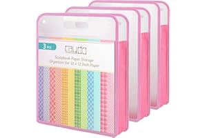Caydo Scrapbook Paper Storage Organizer, Pink Expanding Paper Folio for 12 x 12 Sheets, Storage Organizer with Transparent Portable Handle for Holding Scrapbooking, Vinyl, Cardstock