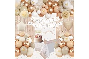 WEQTWL Beige and Brown Birthday Decorations, Champagne Gold Neutral Cream Sand White Balloons Set with Boho Happy Birthday Banner, Crown, Sash, Fringe Curtain, Tablecloth for Women Girls Party Supplies