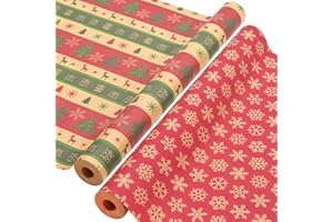 AhfuLife 2 Rouleau Kraft Papier Cadeau Noël, 43cm×15m Recyclable Papier Emballage Cadeaux Noel avec Motifs Fins pour Enfant Emballage (G : Arbre de Noël/Flocon de Neige)