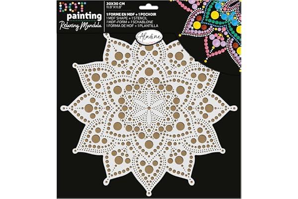 Aladine - Kit Pochoir & Support Mandala 30 cm - Pour Créer Mandalas en Dot Painting - Peinture sur Galet, Bois, Tissus, Toiles - Dotting Peinture Points - Loisirs Créatifs - 85506
