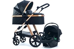 Pixini Passeggino Trio Arizona, 3 in 1 Carrozzina Ovetto Pieghevole, Accessori, Bambini (Nero/Oro)