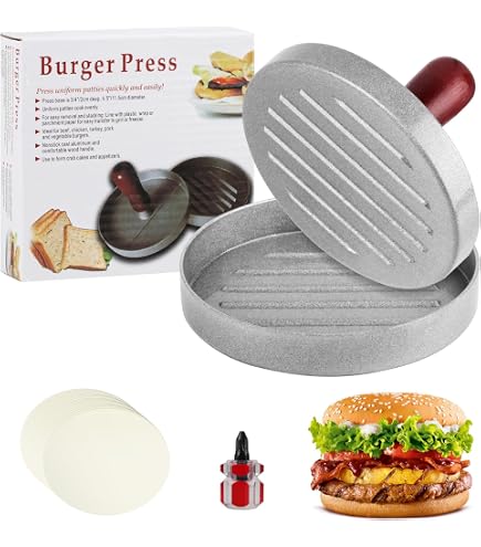 Pressa per Hamburger, Pressa per Smash Burger Pressa, 14cm Schiaccia Hamburger Attrezzo in Acciaio Inox, Macchina per Hamburger Strumento per Hamburger Bistecche Pancetta Grigliate +100 Carta Oleata